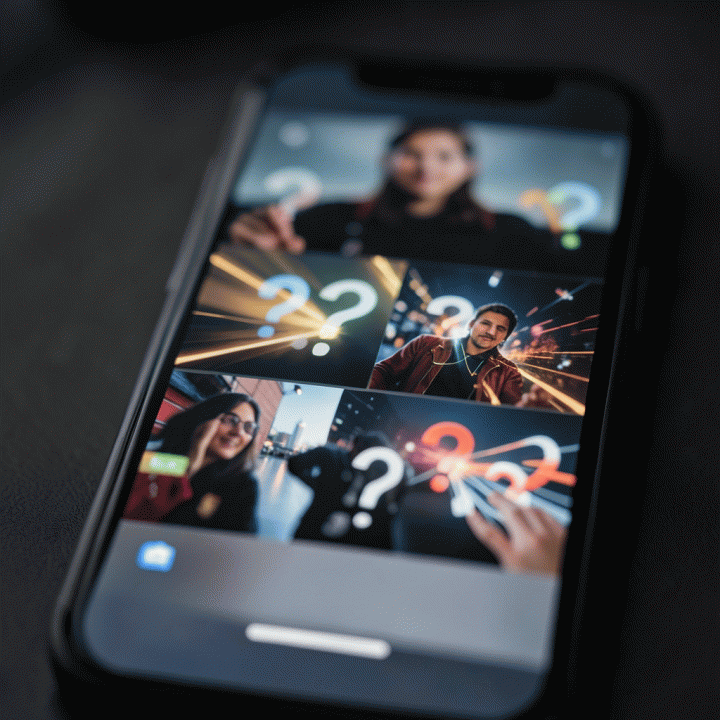 Tampilan abstrak layar smartphone yang menunjukkan konsep cepat dan menarik dari berbagai hook konten yang dirancang untuk menahan perhatian.