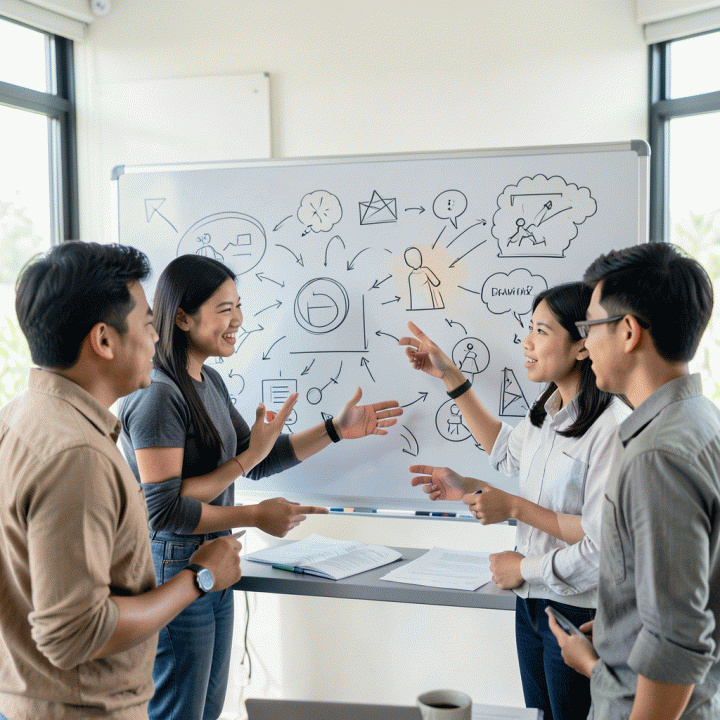 Kelompok profesional muda yang berdiskusi secara kolaboratif, menggambarkan proses brainstorming dan pengembangan ide konten yang kreatif.