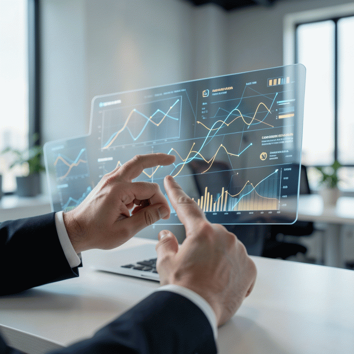 Tangan profesional yang sedang menganalisis data kompleks pada dashboard digital abstrak, melambangkan ekstraksi insight dari data overload.