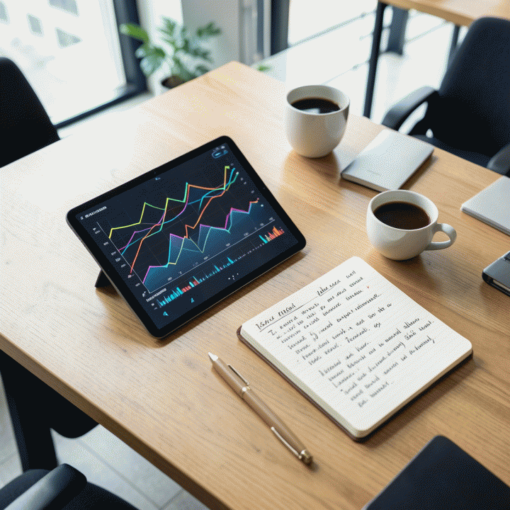 Meja kerja minimalis dengan tablet menampilkan grafik data abstrak, melambangkan proses perumusan strategi pemasaran yang berbasis data.