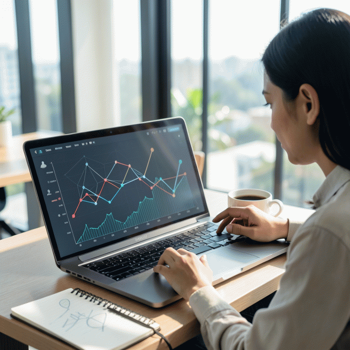 Seorang founder sedang menganalisis data tren pasar menggunakan laptop dengan tampilan visualisasi data abstrak.
