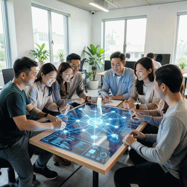 Seorang kelompok profesional muda Indonesia yang berkolaborasi di ruang kerja modern, berdiskusi di sekitar proyeksi holografik yang menunjukkan tren pasar digital masa depan.