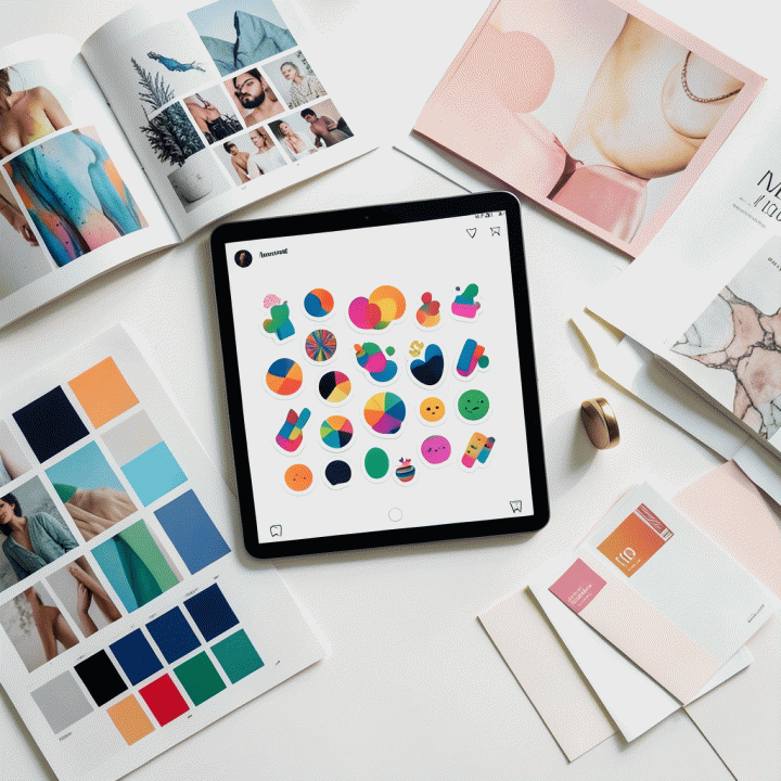 Komposisi flat lay yang menampilkan aset stiker digital premium dan elemen desain grafis modern untuk tren konten Instagram 2026.