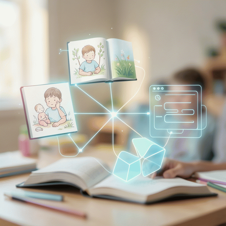 Visual abstrak AI yang membantu guru menyusun materi ajar, menampilkan koneksi teknologi dengan elemen belajar anak.