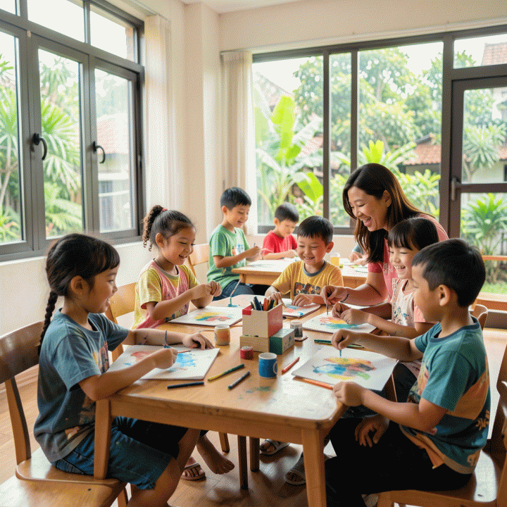 Adegan kelas anak usia dini yang cerah dan modern di Indonesia, menunjukkan anak-anak yang terlibat dalam kegiatan belajar fisik yang kreatif dan menyenangkan, menekankan interaksi nyata daripada penggunaan layar.