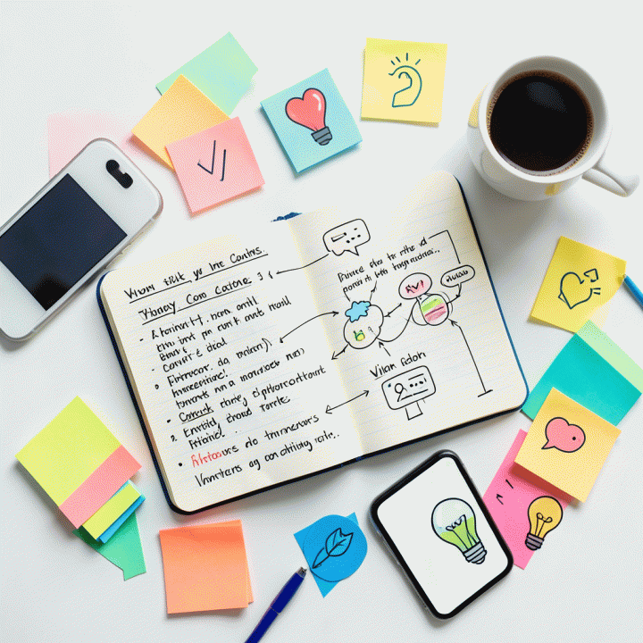 Tata letak overhead peralatan content creator yang menunjukkan proses brainstorming dan pengembangan ide konten yang menarik.