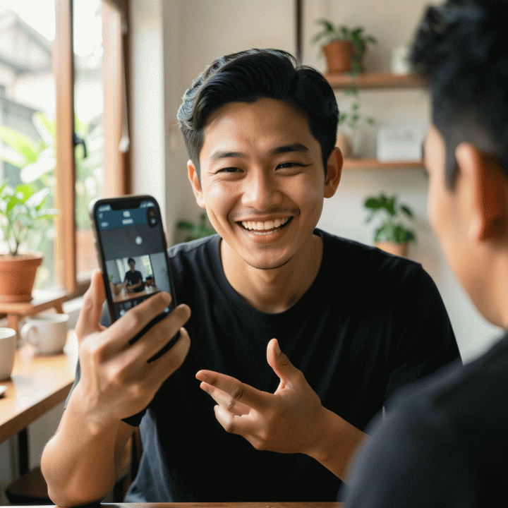 Seorang content creator muda Indonesia sedang merekam video dengan ekspresi otentik dan bercerita di studio yang terang, melambangkan tren storytelling TikTok.