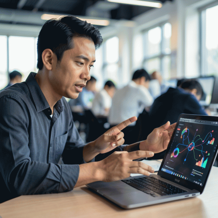 Seorang marketer sedang menjelaskan strategi konten menggunakan laptop, dengan fokus pada visualisasi data dan ide di balik layar.
