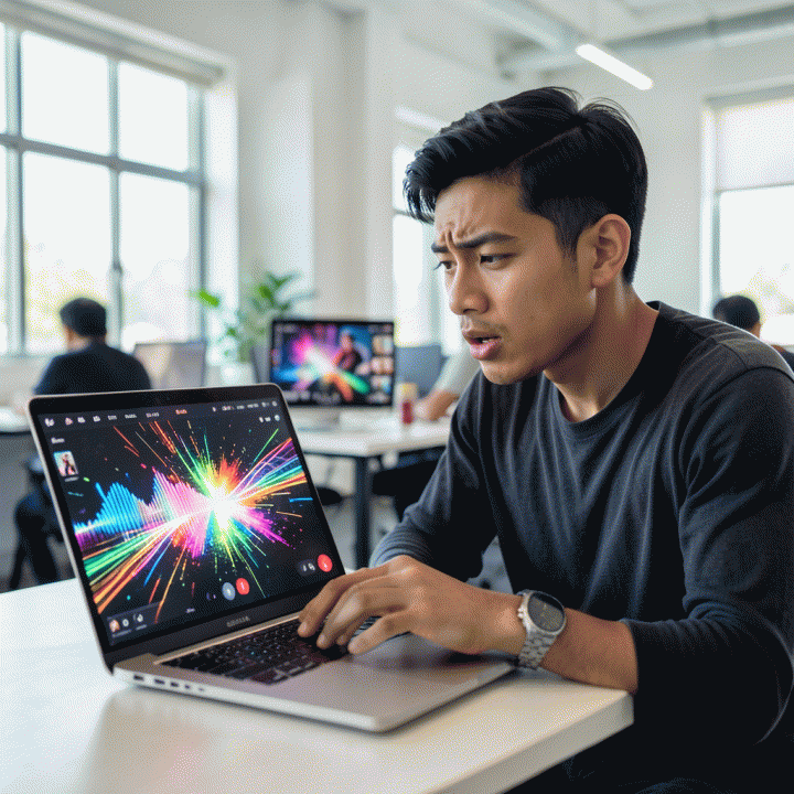 Content creator yang bersemangat sedang merancang ide konten viral di co-working space modern, dikelilingi aura kreativitas digital.