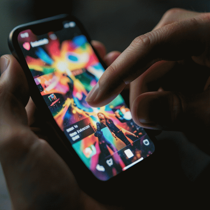 Tangan yang sedang menelusuri konten TikTok yang menampilkan perpaduan estetika nostalgia dan musik pop viral.