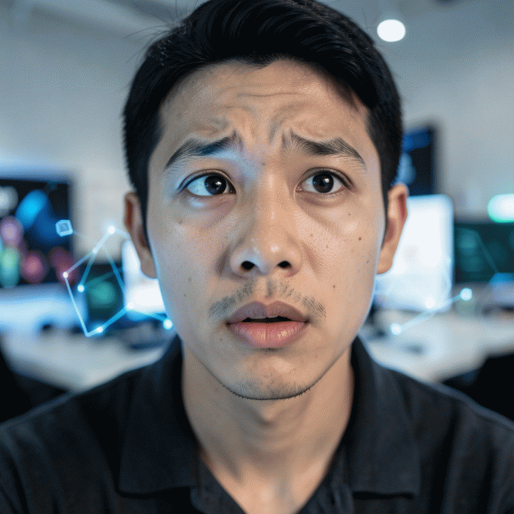 Ekspresi pencerahan seorang content creator saat menemukan ide hook konten yang viral.