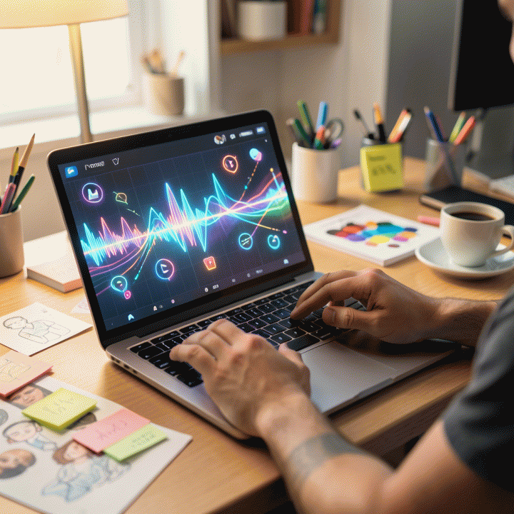 Meja kerja content creator yang modern dan penuh energi, menampilkan laptop yang memancarkan ide-ide viral dan proses kreatif pembuatan konten TikTok.