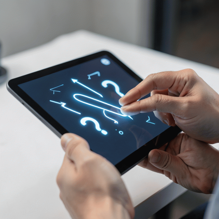 Tangan seseorang berinteraksi dengan tablet yang menampilkan ide-ide hook konten yang menarik, melambangkan proses menemukan ide viral.