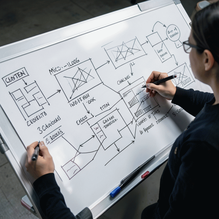Pandangan atas (overhead) seorang content creator yang sedang menyusun storyboard atau kerangka konten di papan tulis, menunjukkan perencanaan format video.