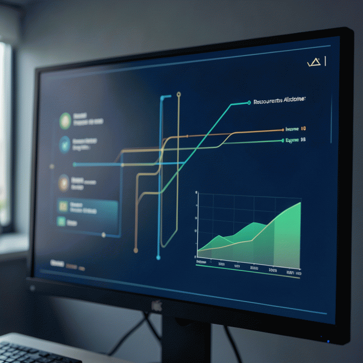 Tampilan dashboard digital yang terpadu, menunjukkan alur kerja proyek dan metrik keuangan secara bersamaan, melambangkan manajemen operasional dan keuangan terpusat.