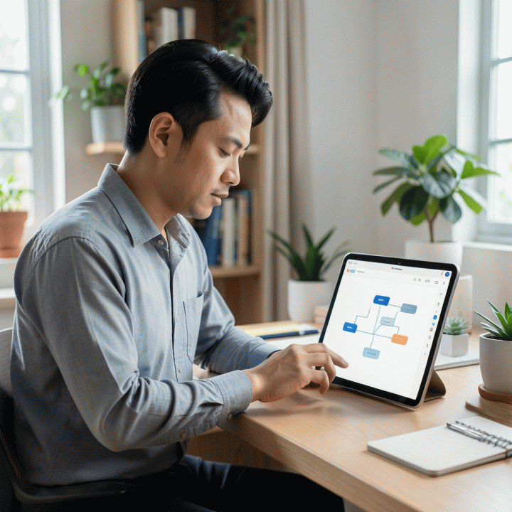 Seorang freelancer profesional bekerja di kantor rumah yang rapi, berinteraksi dengan tablet yang menampilkan visualisasi manajemen proyek yang terorganisir.