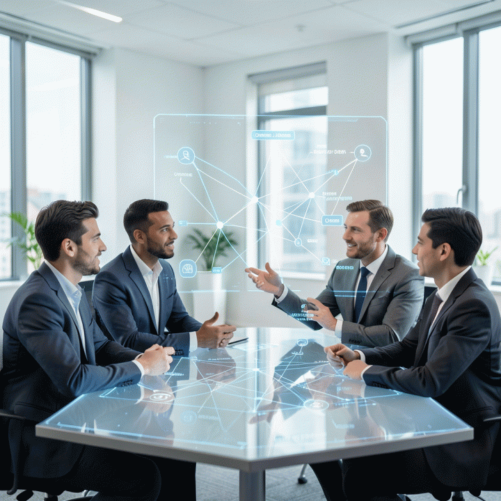 Tim profesional yang berkolaborasi membahas peta perjalanan konsumen yang kompleks di atas visualisasi data holografik.