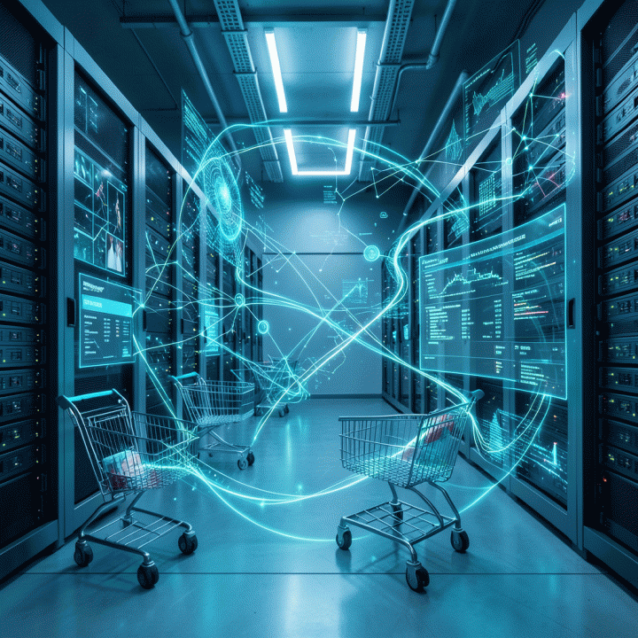 Visualisasi data e-commerce futuristik yang menunjukkan integrasi antara jaringan media ritel dan kecerdasan buatan untuk strategi pemasaran digital.
