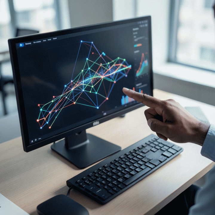 Tangan seorang profesional yang menganalisis dashboard data e-commerce abstrak yang kompleks, menunjukkan proses pengambilan insight.