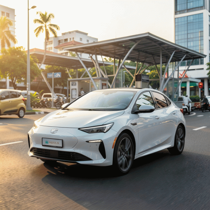 Mobil listrik modern melaju di jalanan perkotaan Indonesia yang cerah, melambangkan tren bisnis rental masa depan yang hijau dan canggih.