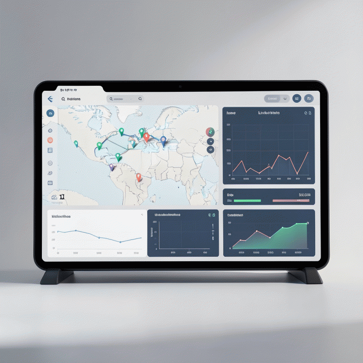 Visualisasi dashboard digital yang abstrak menunjukkan manajemen armada kendaraan secara real-time, fokus pada tata letak dan data operasional.