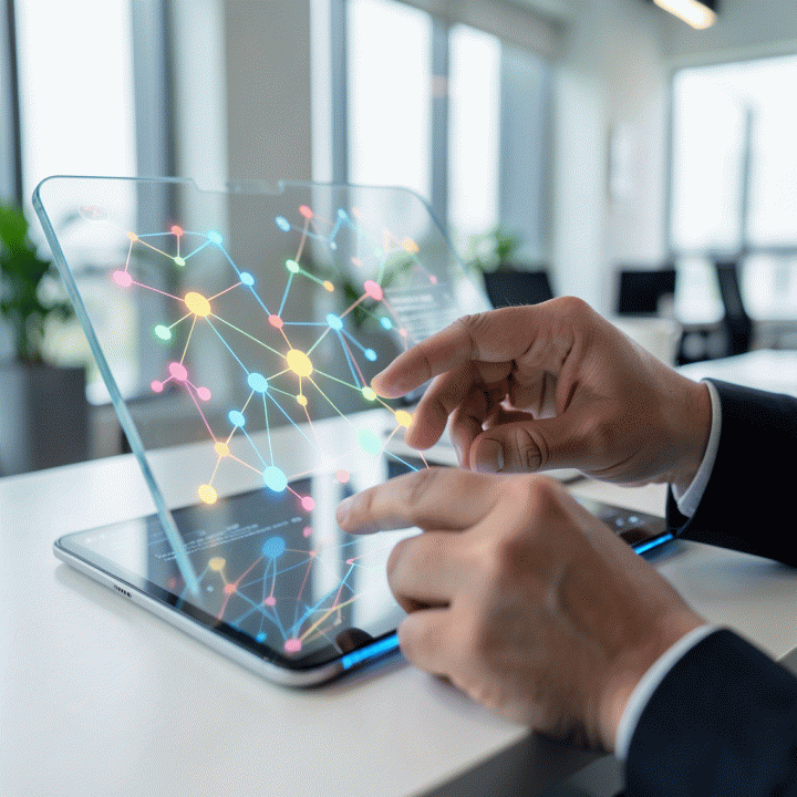 Tangan seorang marketer Indonesia berinteraksi dengan antarmuka digital futuristik yang menampilkan visualisasi data jaringan, fokus pada proses strategi.