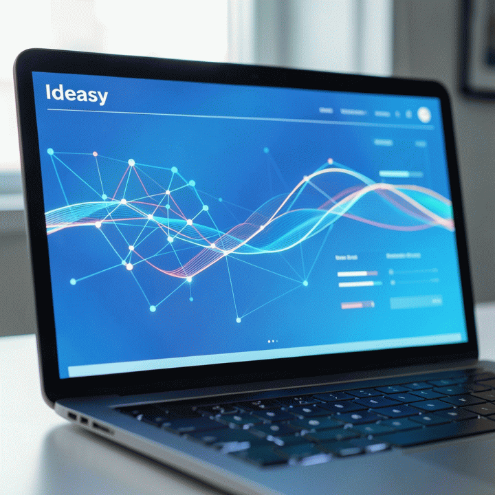 Antarmuka dashboard AI Ideasy yang menampilkan visualisasi data dan jaringan untuk mengubah ide menjadi rencana bisnis digital.