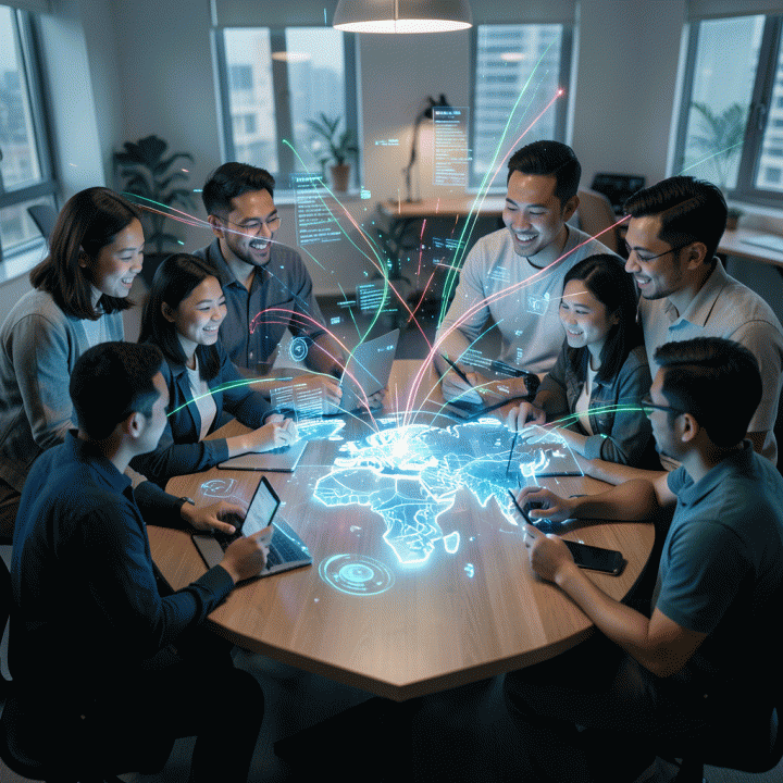 Group of diverse Indonesian digital entrepreneurs collaborating around a holographic digital growth map, symbolizing AI-driven brand building strategy.