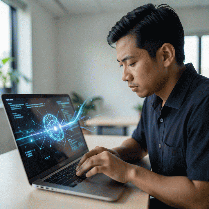 Indonesian founder intensely working on a laptop with abstract AI data visualizations, symbolizing focused strategy and digital creation.