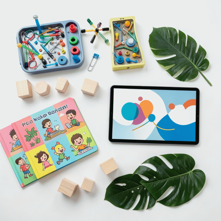 Komposisi flat lay berisi berbagai alat peraga dan materi belajar modern untuk anak-anak, menekankan tren edukasi masa depan.