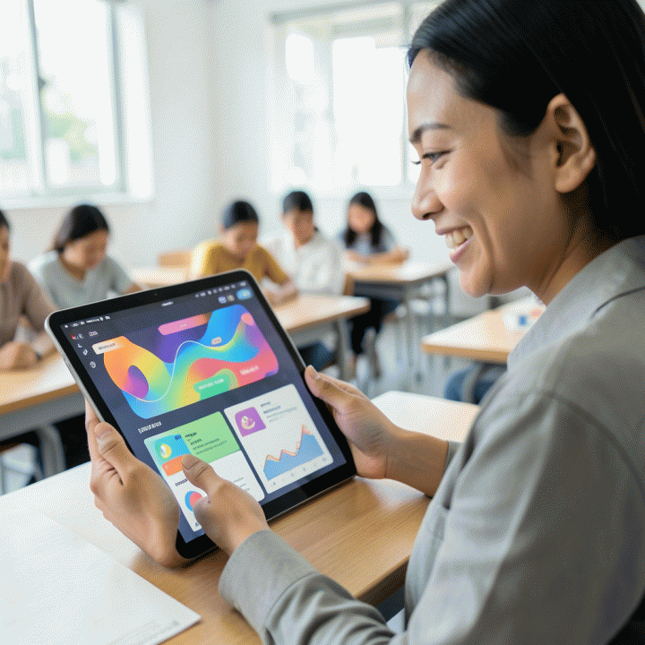 Seorang guru menggunakan tablet untuk menyusun materi ajar yang menarik dan terstruktur, menonjolkan efisiensi penggunaan teknologi AI.