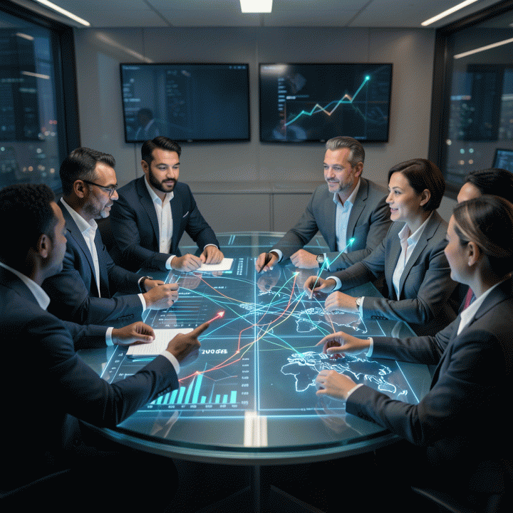 Profesional marketer berdiskusi di ruangan futuristik dengan visualisasi data tren pasar digital 2026 yang diproyeksikan secara holografik, menunjukkan perencanaan anggaran yang strategis.
