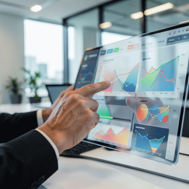 Tangan seorang manajer pemasaran berinteraksi dengan antarmuka data holografik yang menampilkan perbandingan pasar dan celah kompetitor, menunjukkan analisis mendalam.