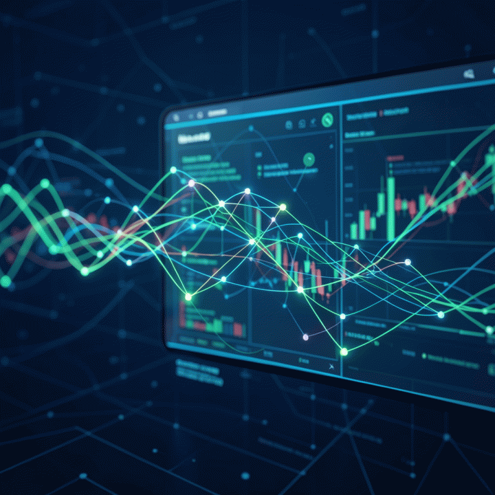 Abstract visualization of an AI algorithm analyzing e-commerce market trends and competitive data.