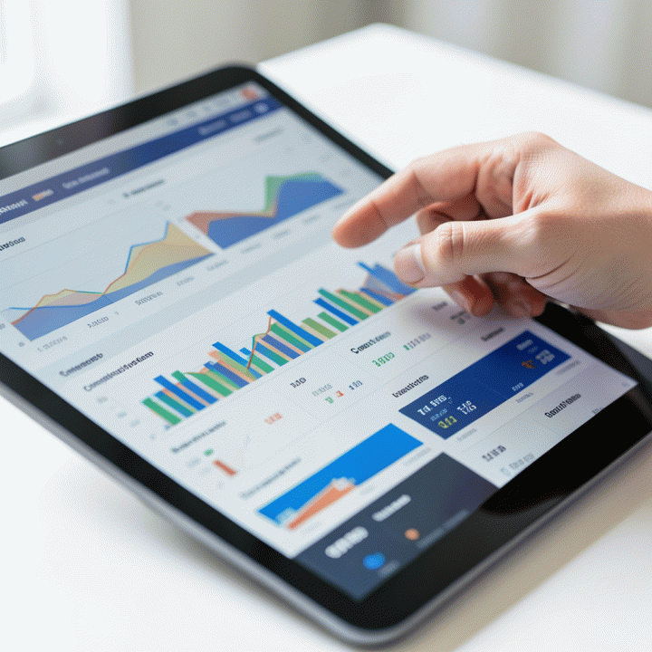Hand interacting with a tablet displaying e-commerce sales charts and competitor data for market analysis.