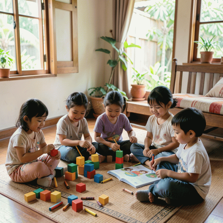 Ilustrasi fotorealistik anak-anak usia dini di Indonesia yang bermain dan belajar secara holistik, menunjukkan pengembangan kognitif, emosional, dan sosial.