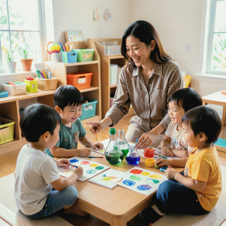 Guru Indonesia yang berinteraksi dengan murid-murid dalam kegiatan belajar yang menggabungkan seni dan sains, menunjukkan pembelajaran holistik.