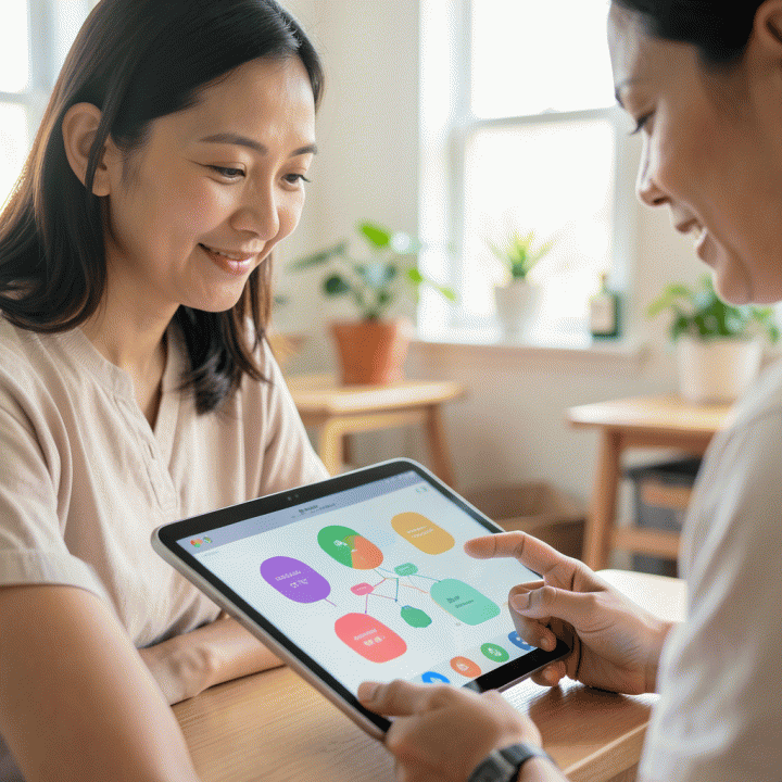 Seorang guru atau orang tua Indonesia yang dengan hangat berinteraksi dengan tablet AI untuk menyusun materi ajar, menunjukkan kemudahan dan efisiensi.