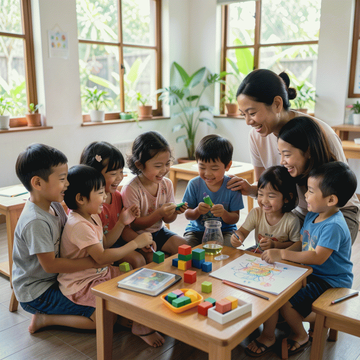 Ilustrasi fotorealistik anak-anak prasekolah Indonesia yang bahagia dan terlibat dalam kegiatan belajar yang seimbang antara permainan emosional dan akademik di ruang kelas yang cerah.