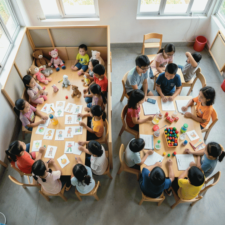 Tampilan atas ruang kelas modern yang menunjukkan keseimbangan antara area bermain emosional dan area belajar akademik untuk anak usia dini.