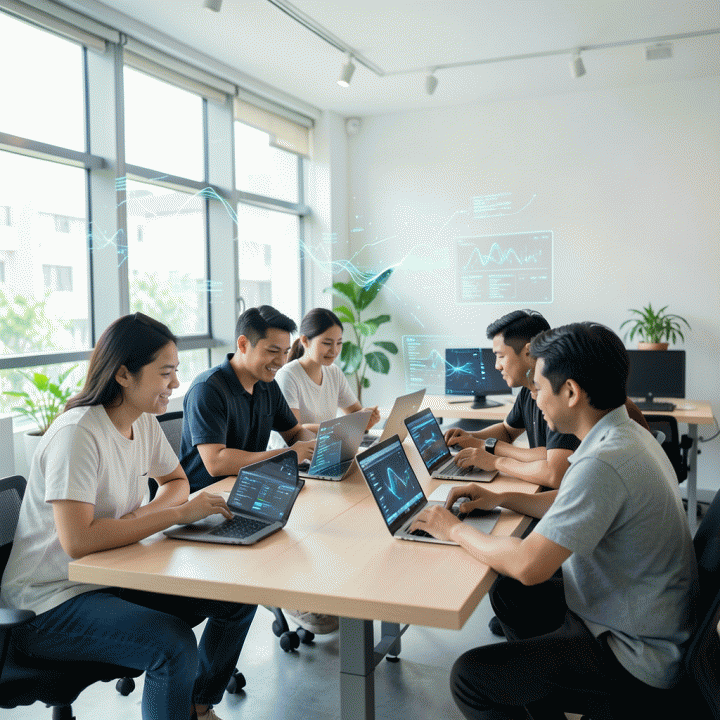 Tim profesional muda Indonesia bekerja sama di ruang kerja modern dengan nuansa teknologi masa depan, menunjukkan kolaborasi jarak jauh dan efisiensi yang didukung AI.