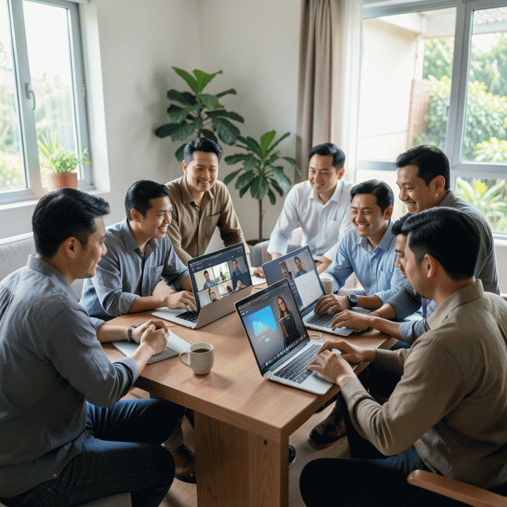 Keluarga atau tim profesional Indonesia bekerja secara efektif dan fleksibel dari rumah (remote work) menggunakan teknologi modern.