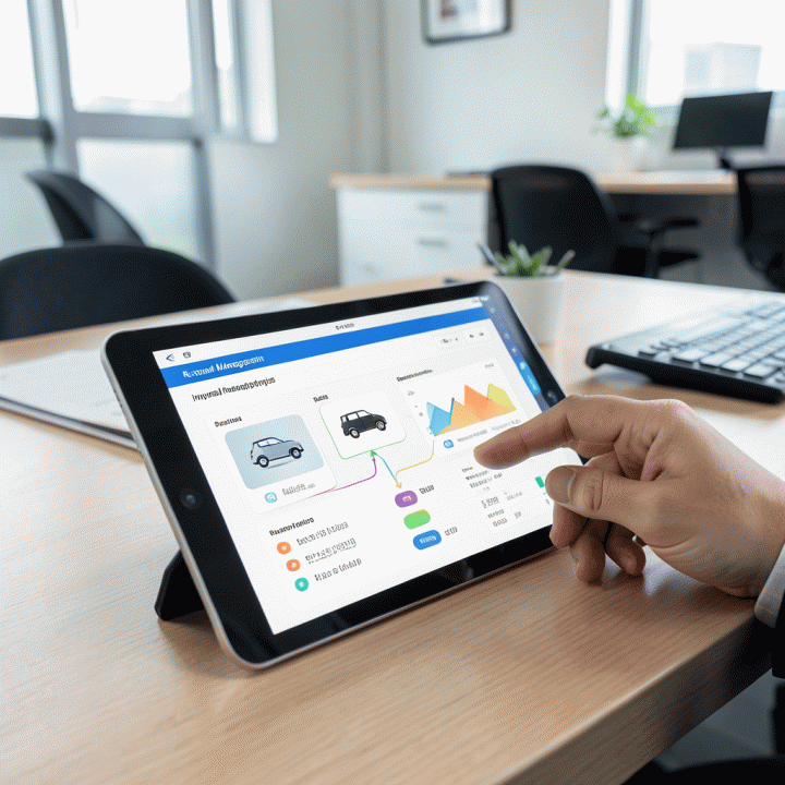 Tangan profesional menggunakan tablet untuk mengelola inventaris dan jadwal sewa properti secara digital dan real-time.