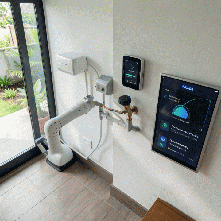 Ilustrasi pemeliharaan properti otomatis di rumah pintar modern, menunjukkan sensor dan robotika yang bekerja secara efisien.