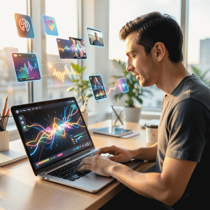 Seorang content creator di studio modern yang sedang bekerja dengan penuh semangat di depan laptop, dikelilingi visualisasi abstrak tren media sosial, gelombang audio, dan data viral, menunjukkan kreativitas digital yang tinggi.