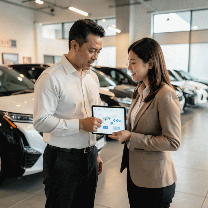 Profesional Indonesia berdiskusi mengenai manajemen armada mobil listrik menggunakan tablet di lokasi rental yang modern.