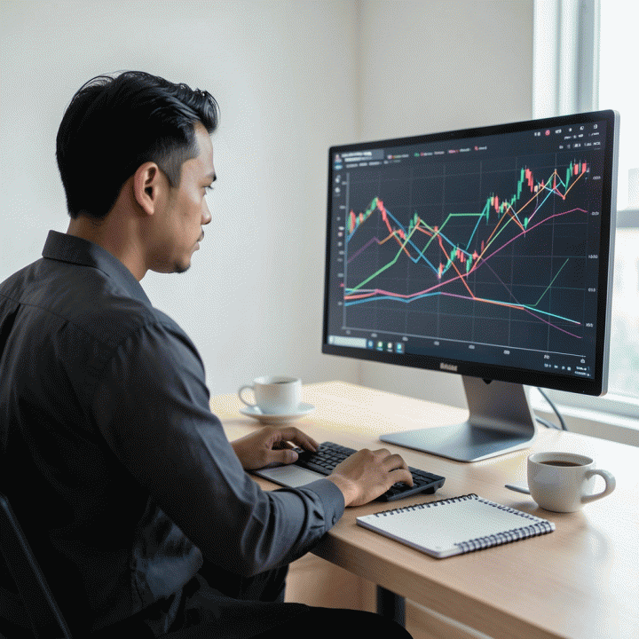 Profesional muda Indonesia yang sedang menganalisis tren dan data keuangan yang kompleks di depan layar monitor, melambangkan manajemen utang dan keuangan.