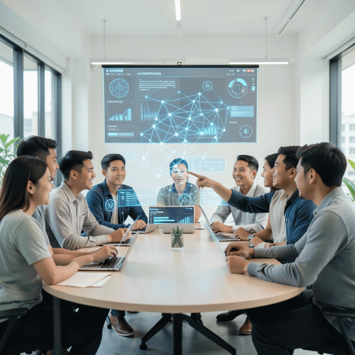 Sekelompok founder startup muda Indonesia berdiskusi intens di co-working space modern, dikelilingi visualisasi data holografik dan grafik jaringan yang melambangkan inovasi AI dan Deeptech.