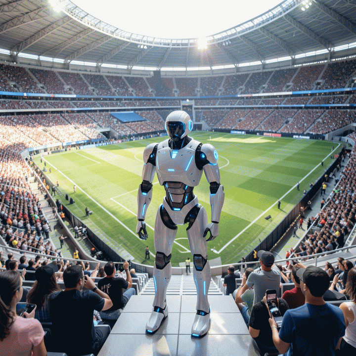 Robot keamanan AI canggih berpatroli di stadion sepak bola futuristik.