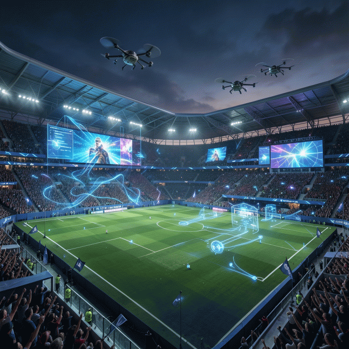 Gambaran futuristik stadion sepak bola modern dengan integrasi teknologi AI canggih, menggambarkan Piala Dunia 2026.